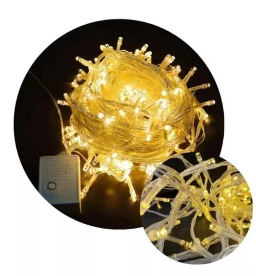 Cordão Pisca Pisca de Natal 100 LEDs 9 Metros 8 Funções Fio Transparente Colorido Branco Frio Quente