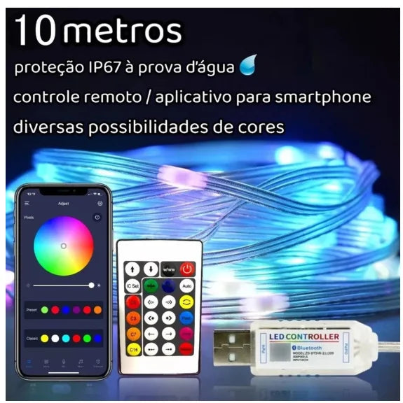 Fita LED RGB 10 Metros Pisca Pisca Natal Bluetooth App Controle Remoto Comando de Voz USB IP67