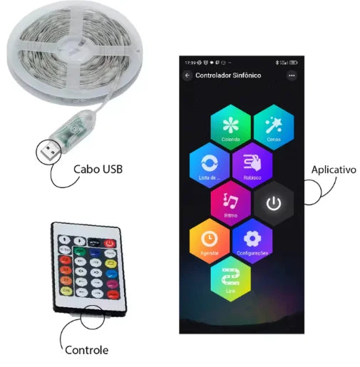 Fita LED RGB 10 Metros Pisca Pisca Natal Bluetooth App Controle Remoto Comando de Voz USB IP67