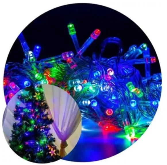 Cordão Pisca Pisca de Natal 100 LEDs 9 Metros 8 Funções Fio Transparente Colorido Branco Frio Quente