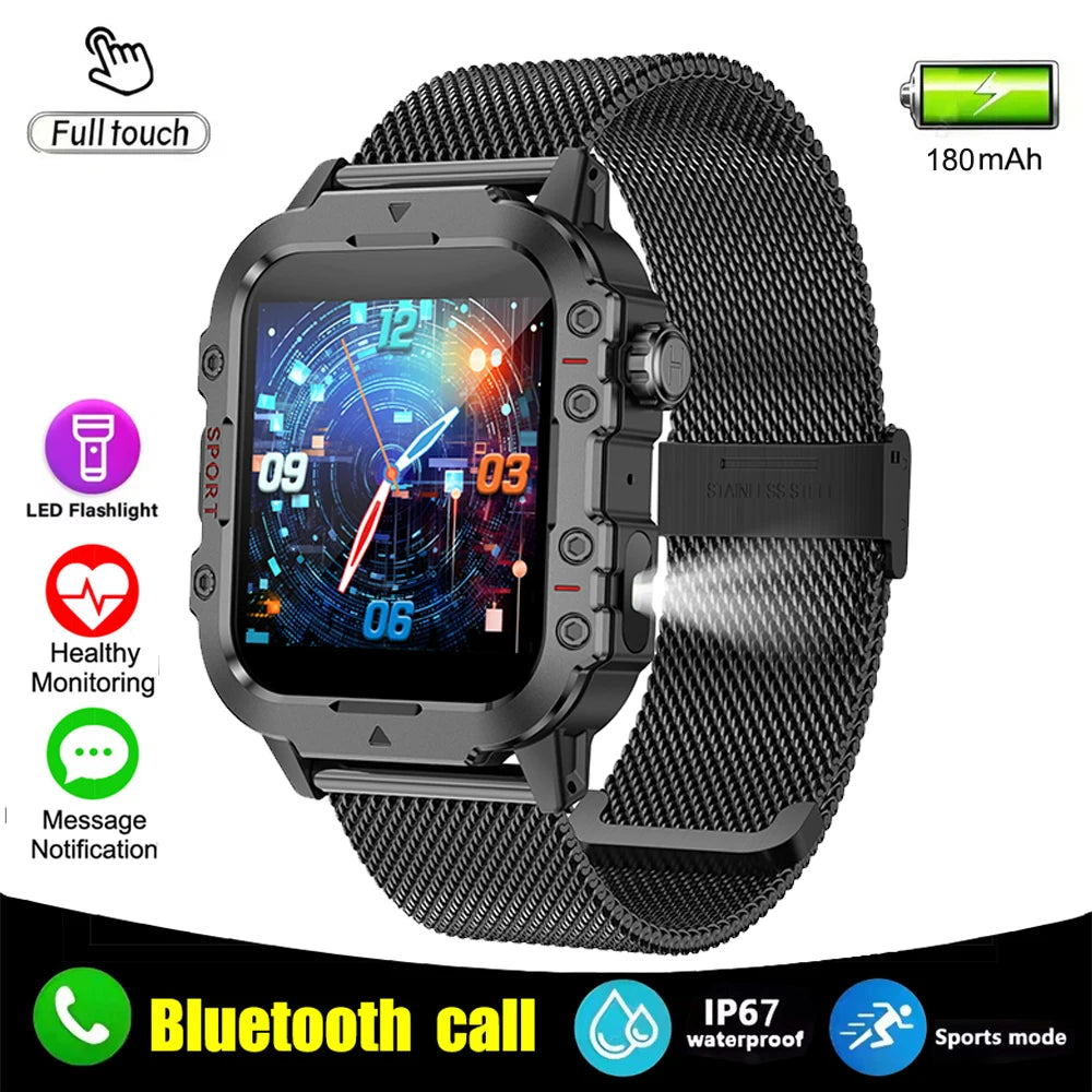 Smartwatch Militar IP67 — Chamada Bluetooth, Lanterna e Monitor Cardíaco