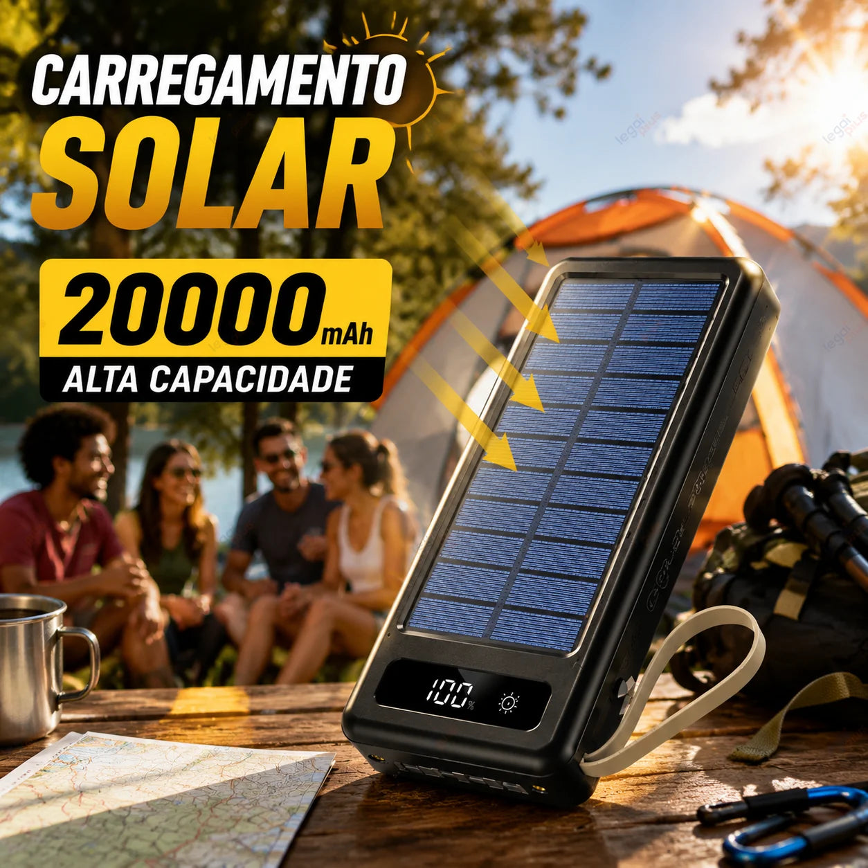 Power Bank Solar 20000mAh — 4 Cabos Embutidos + Lanterna LED