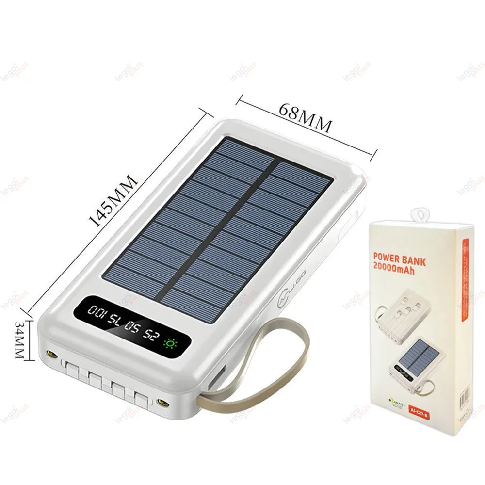 Power Bank Solar 20000mAh — 4 Cabos Embutidos + Lanterna LED