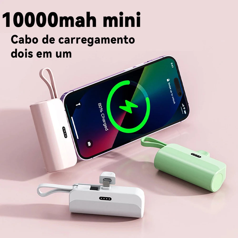 Mini Power Bank 10000mAh com Cabo Embutido e Carregamento Rápido