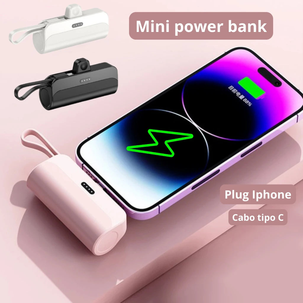 Mini Power Bank 10000mAh com Cabo Embutido e Carregamento Rápido