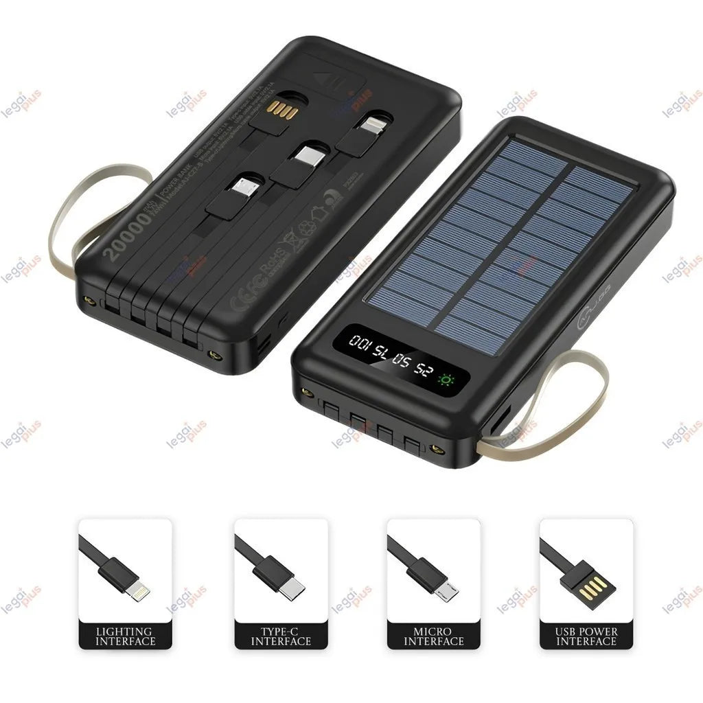 Power Bank Solar 20000mAh — 4 Cabos Embutidos + Lanterna LED
