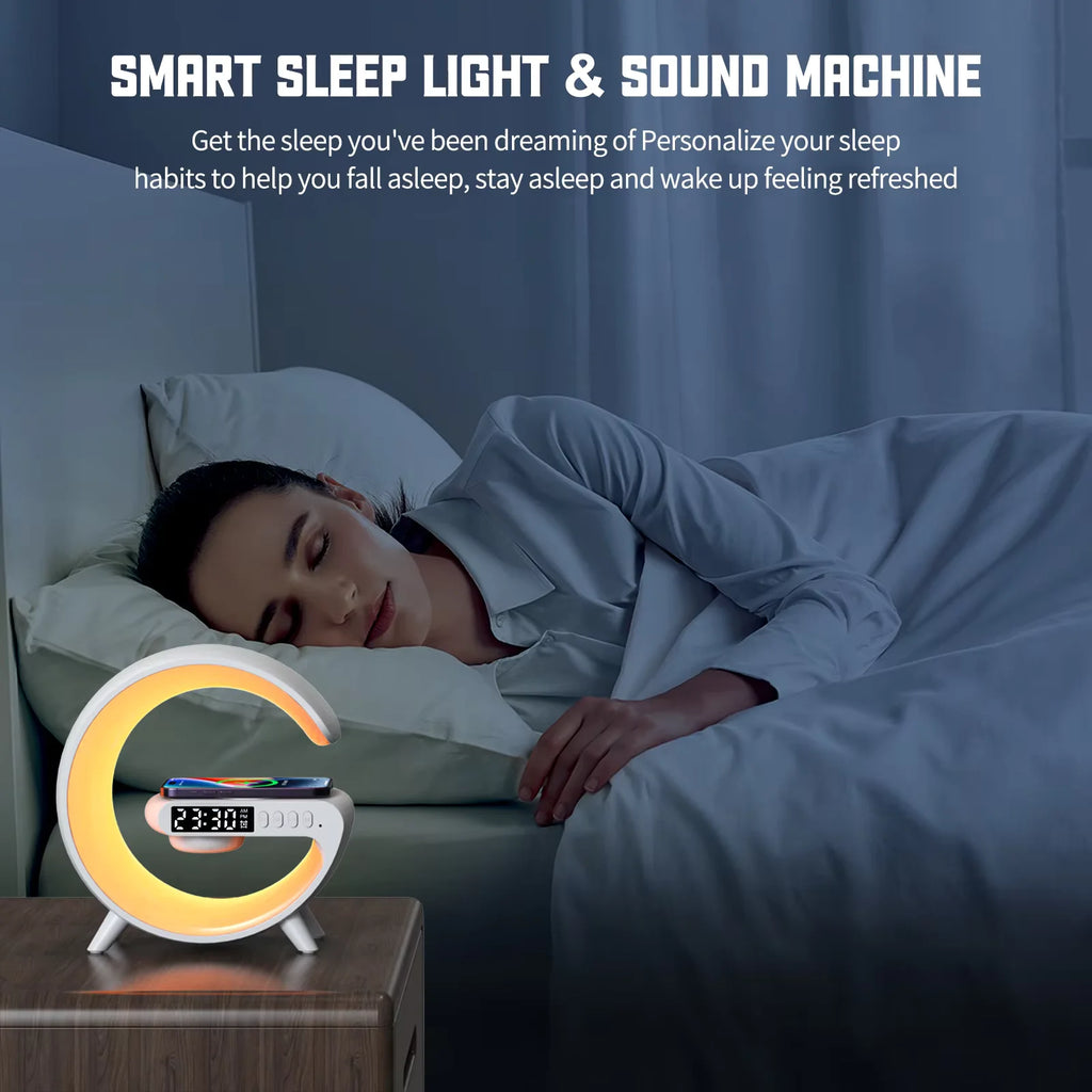 Carregador Sem Fio Multifuncional com Luz RGB e Despertador – Compatível com iPhone, Samsung e Xiaomi