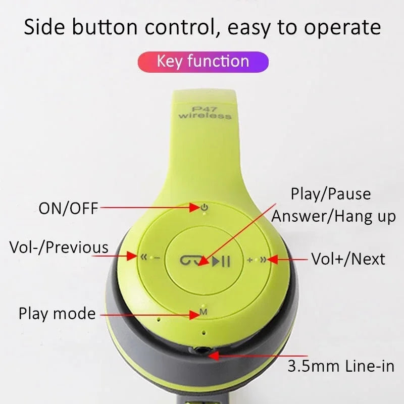 Headphone Bluetooth P47 Dobrável – Som Estéreo com Microfone