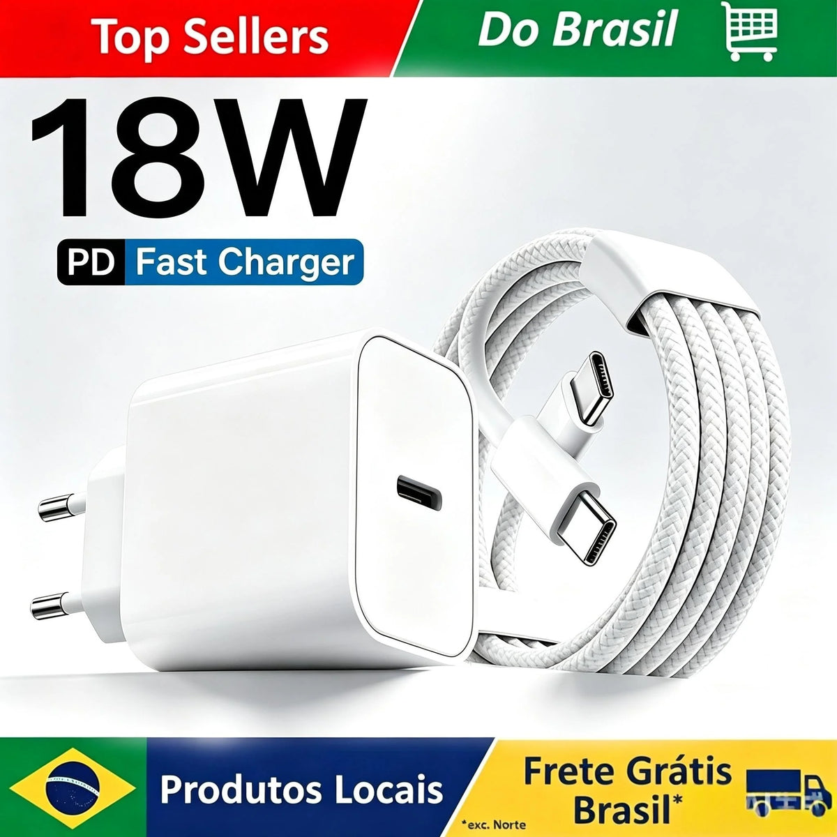 Carregador Rápido USB-C 18W PD para Smartphones, Tablets e Notebooks