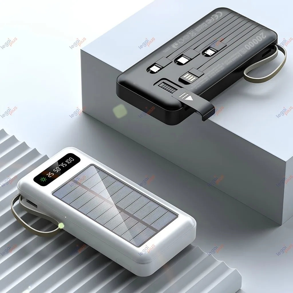 Power Bank Solar 20000mAh — 4 Cabos Embutidos + Lanterna LED