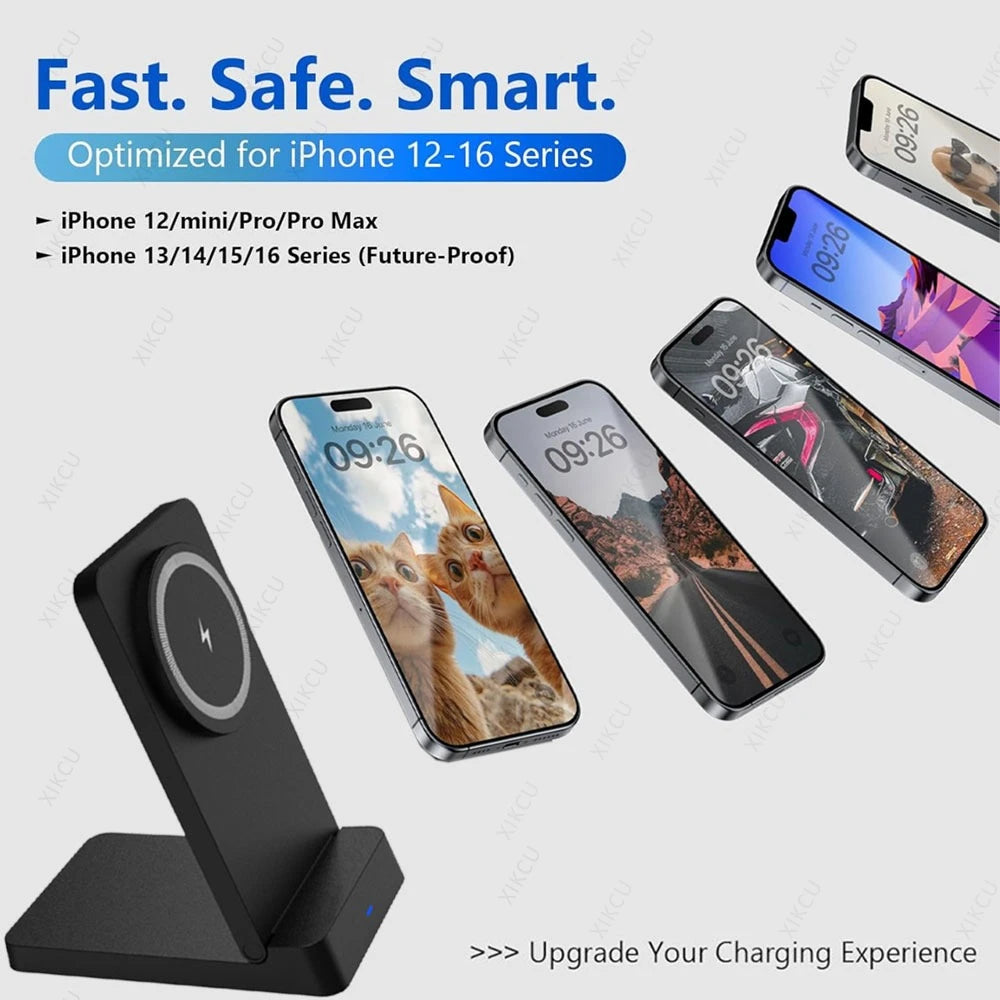 Carregador Sem Fio Magnético Dobrável 15W – Suporte de Mesa Compatível com MagSafe iPhone e Samsung