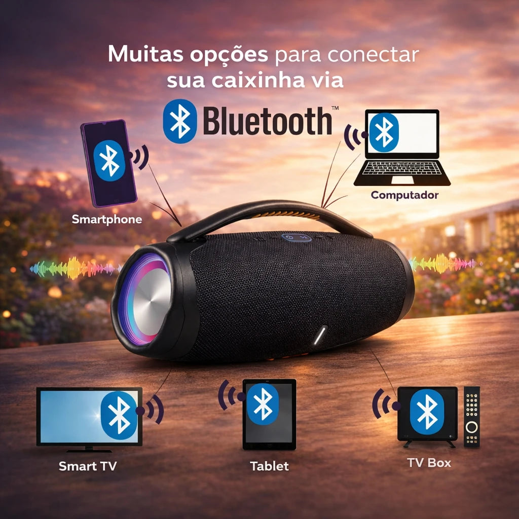 Caixa de Som Bluetooth Portátil 70W Estilo Boombox com Rádio FM, Entrada USB e Auxiliar P2