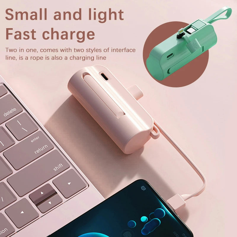 Mini Power Bank 10000mAh com Cabo Embutido e Carregamento Rápido