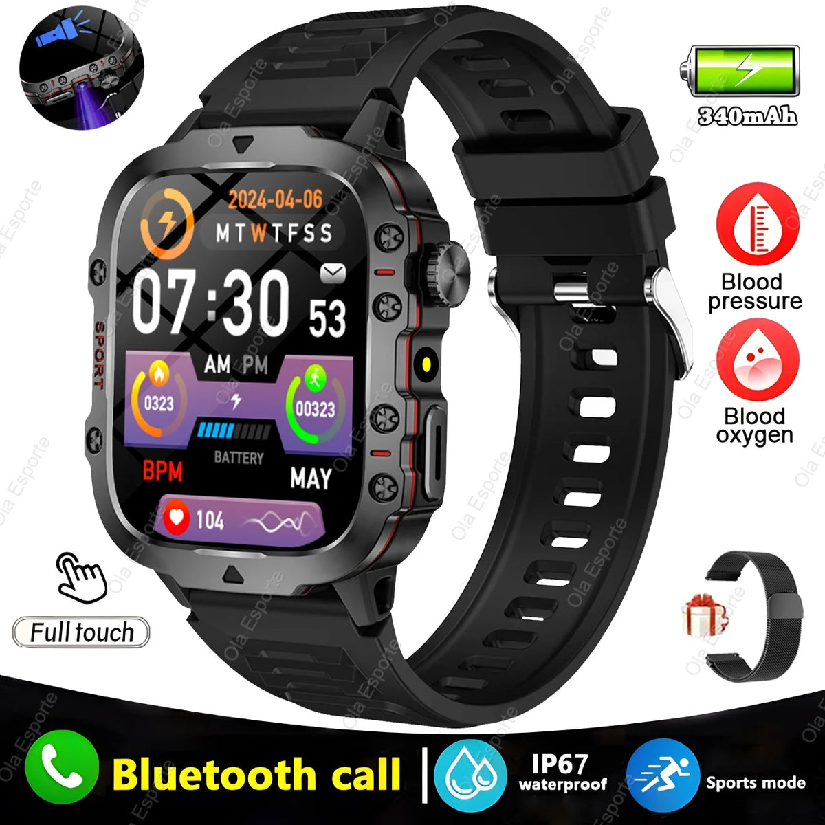 Relógio Smartwatch Militar Masculino à Prova d'Água IP68