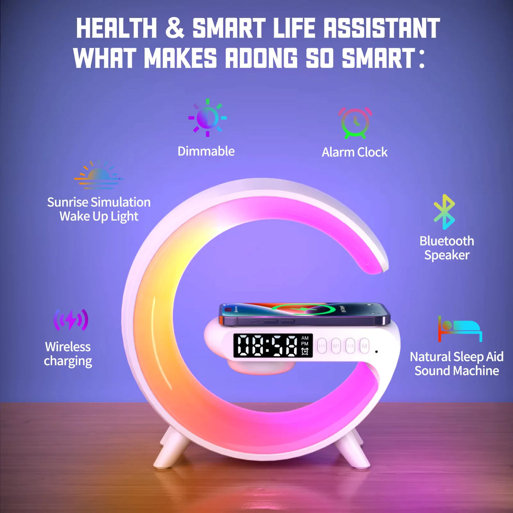 Carregador Sem Fio Multifuncional com Luz RGB e Despertador – Compatível com iPhone, Samsung e Xiaomi