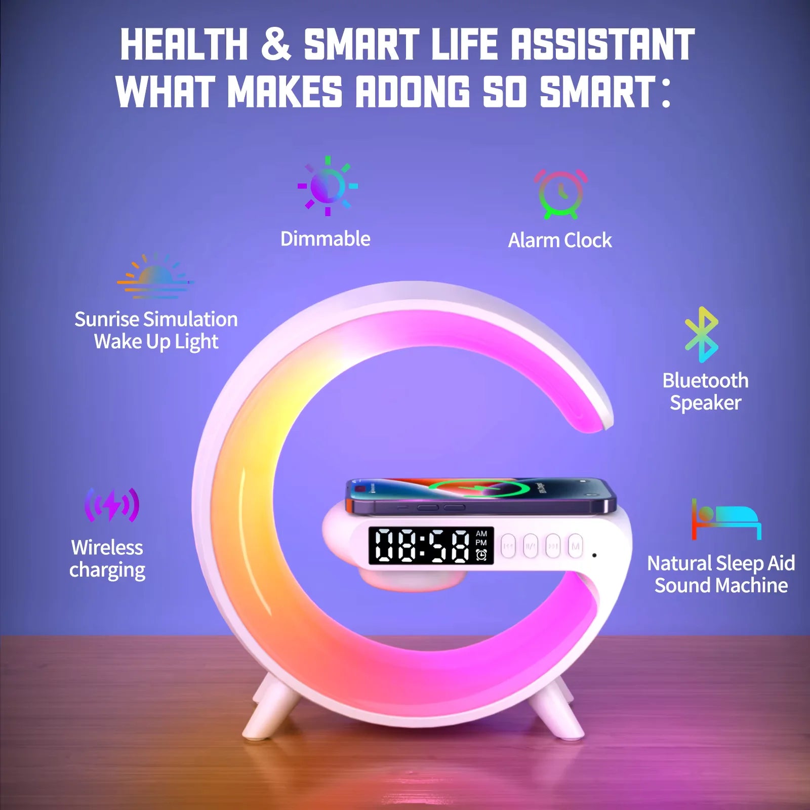 Carregador Sem Fio Multifuncional com Luz RGB e Despertador – Compatível com iPhone, Samsung e Xiaomi