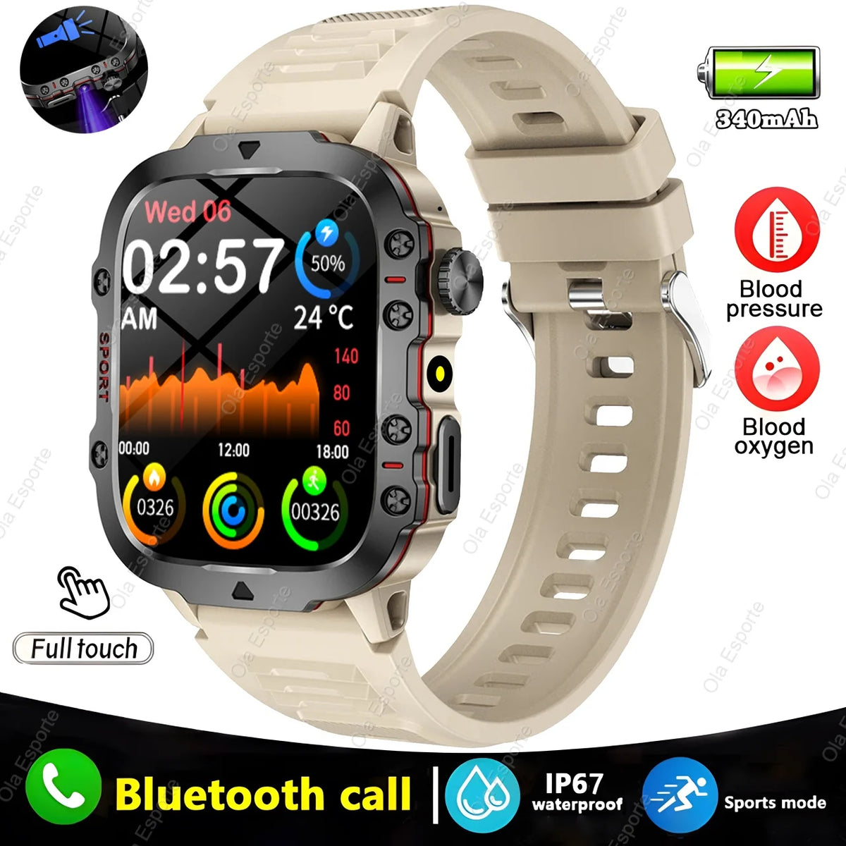 Relógio Smartwatch Militar Masculino à Prova d'Água IP68
