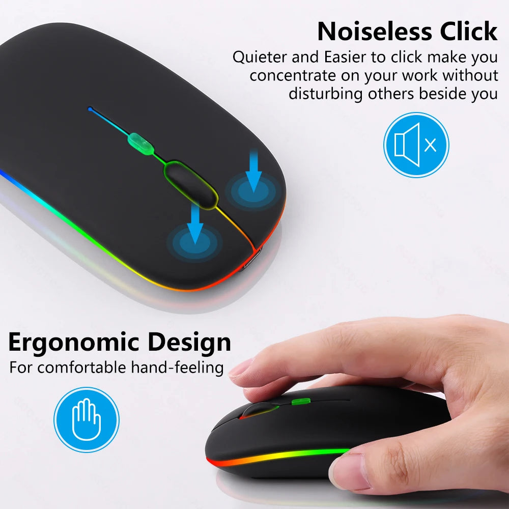 Mouse Sem Fio, Recarregável com Luz LED – Silencioso e Ergonômico