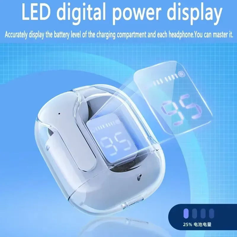 Fone Bluetooth T2 Transparente com Display LED e Redução de Ruído