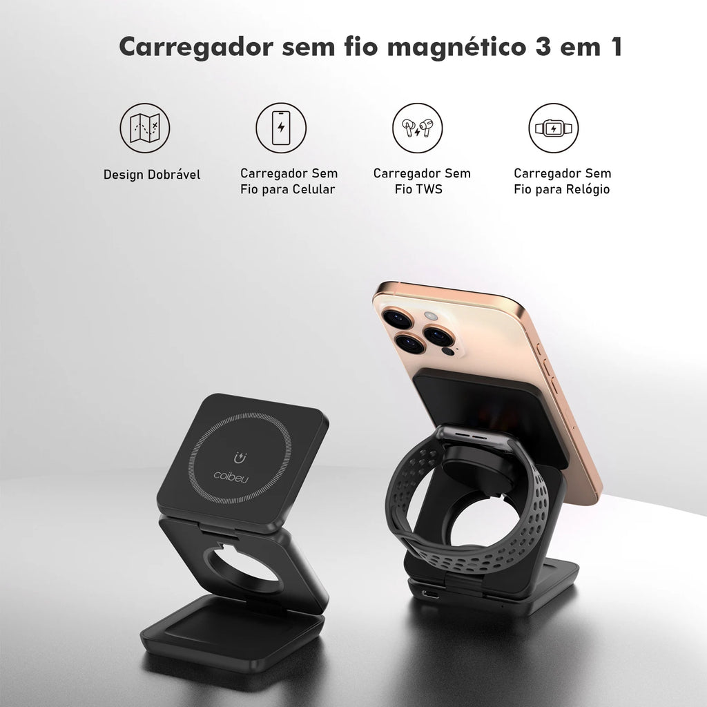 Carregador Sem Fio 3 em 1 25W Dobrável – iPhone, Watch e AirPods