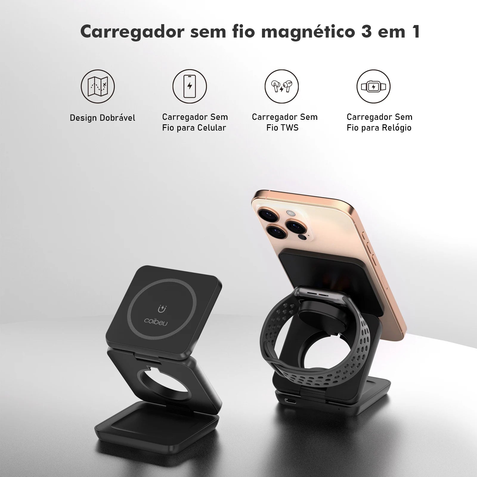 Carregador Sem Fio 3 em 1 25W Dobrável – iPhone, Watch e AirPods