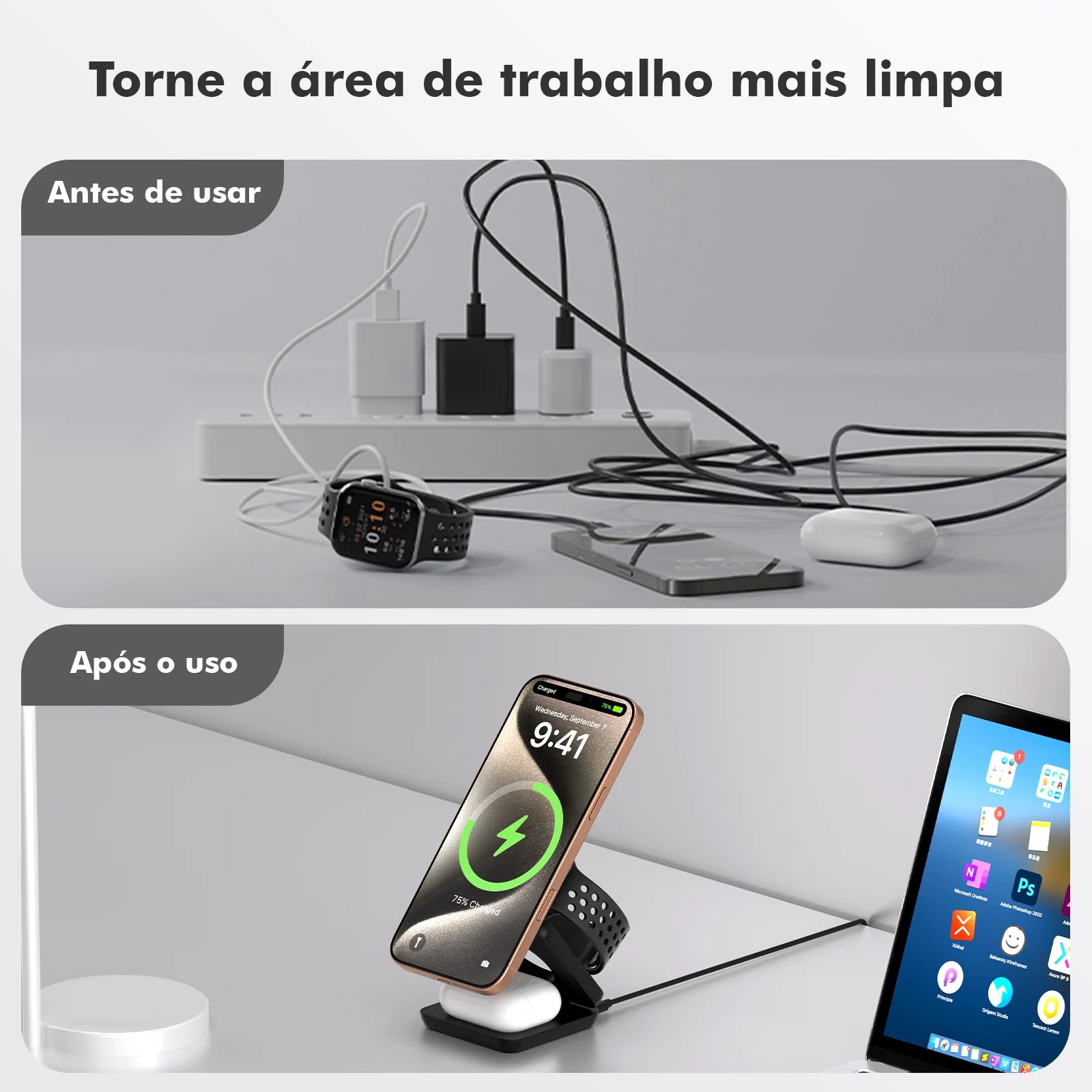 Carregador Sem Fio 3 em 1 25W Dobrável – iPhone, Watch e AirPods