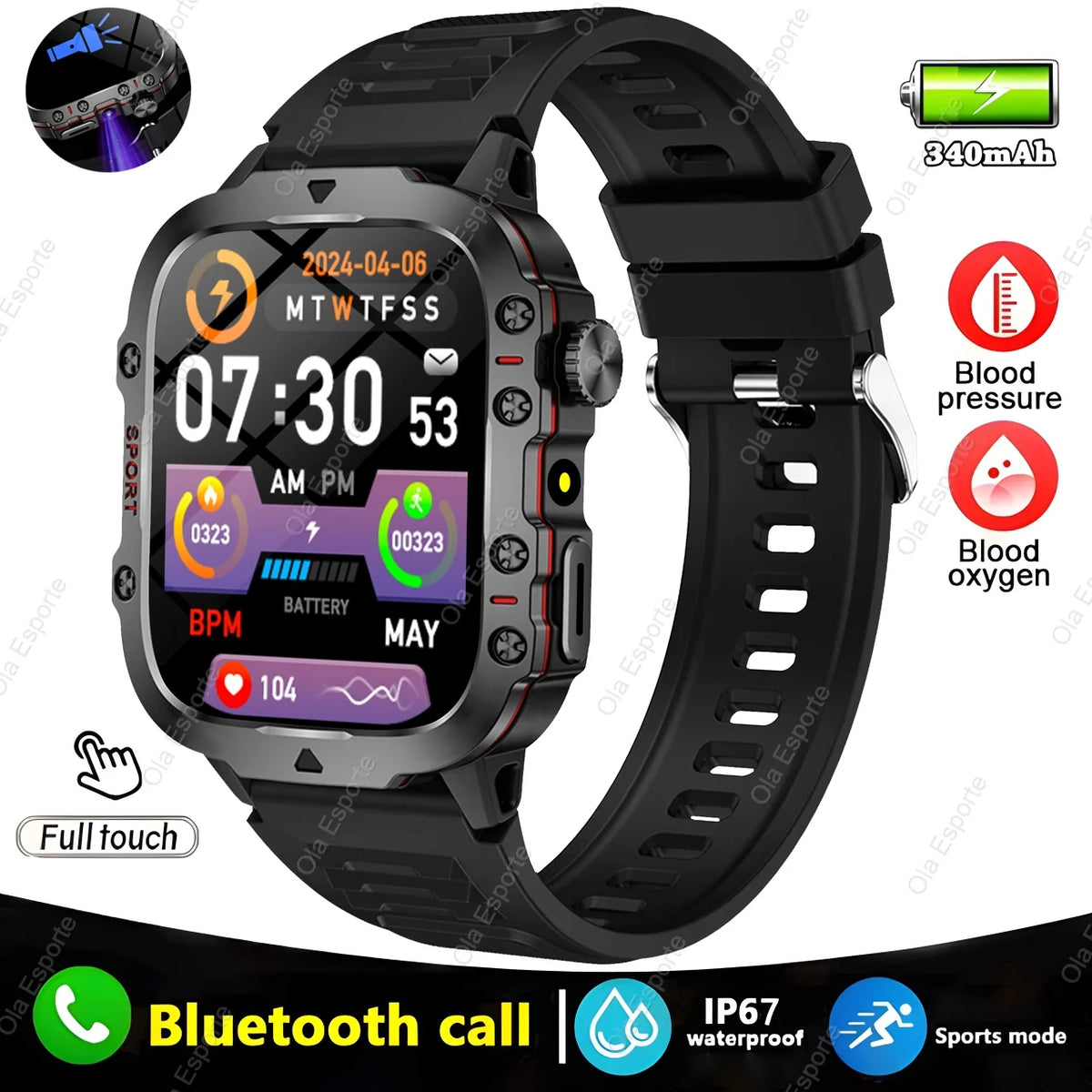 Relógio Smartwatch Militar Masculino à Prova d'Água IP68