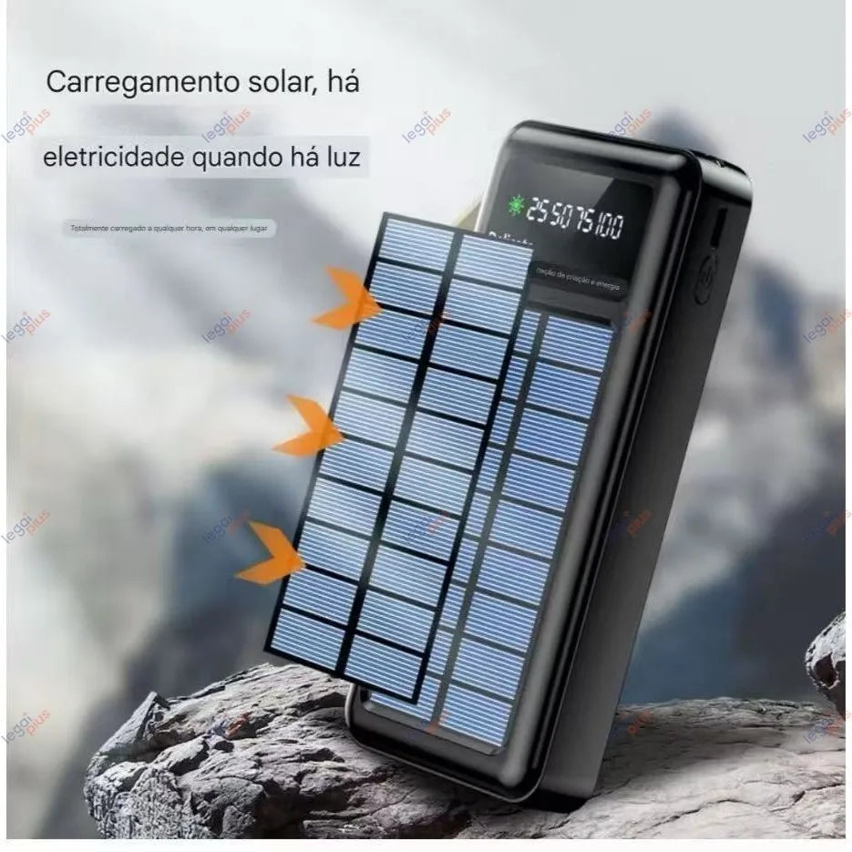 Power Bank Solar 20000mAh — 4 Cabos Embutidos + Lanterna LED