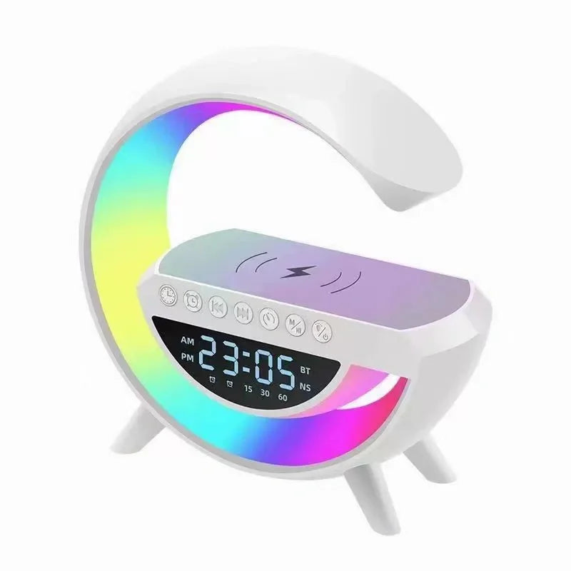 Carregador Sem Fio Multifuncional com Luz RGB e Despertador – Compatível com iPhone, Samsung e Xiaomi