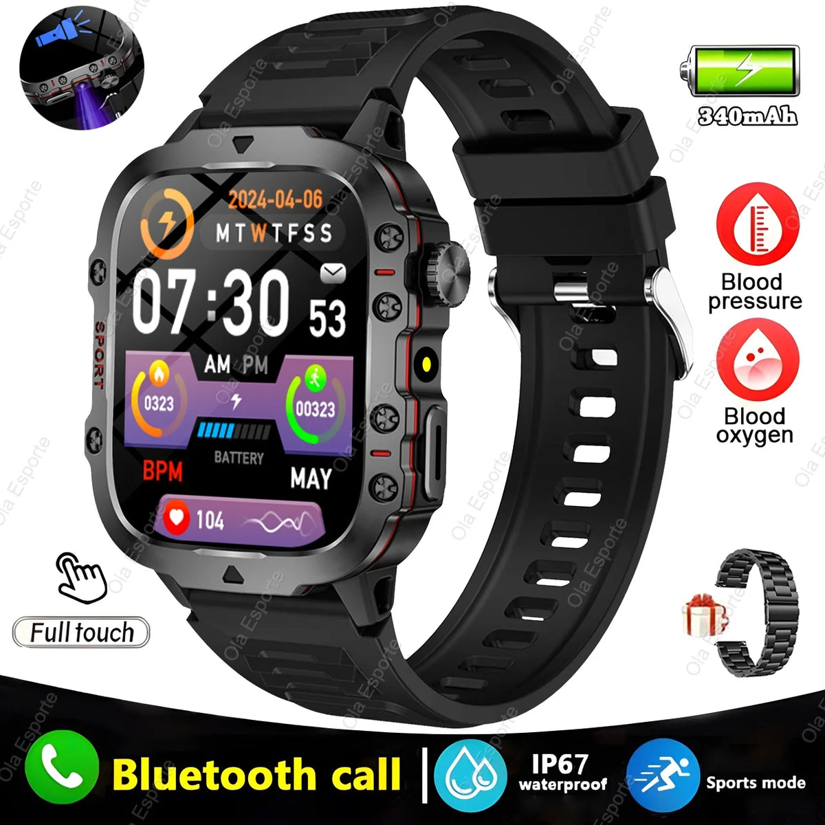 Relógio Smartwatch Militar Masculino à Prova d'Água IP68
