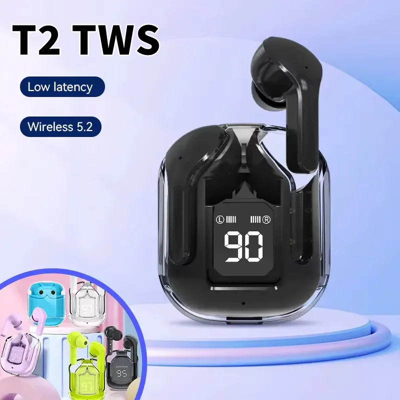 Fone Bluetooth T2 Transparente com Display LED e Redução de Ruído