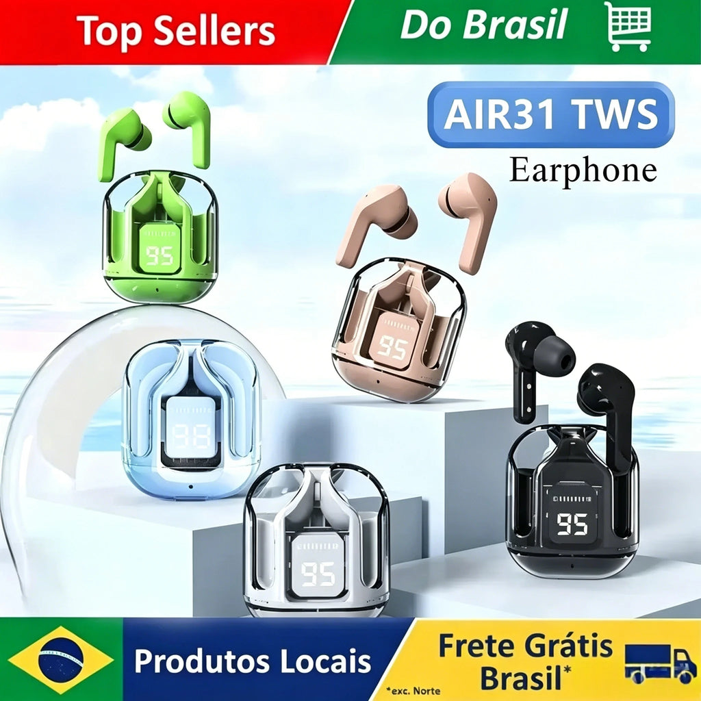 Fone Bluetooth T2 Transparente com Display LED e Redução de Ruído