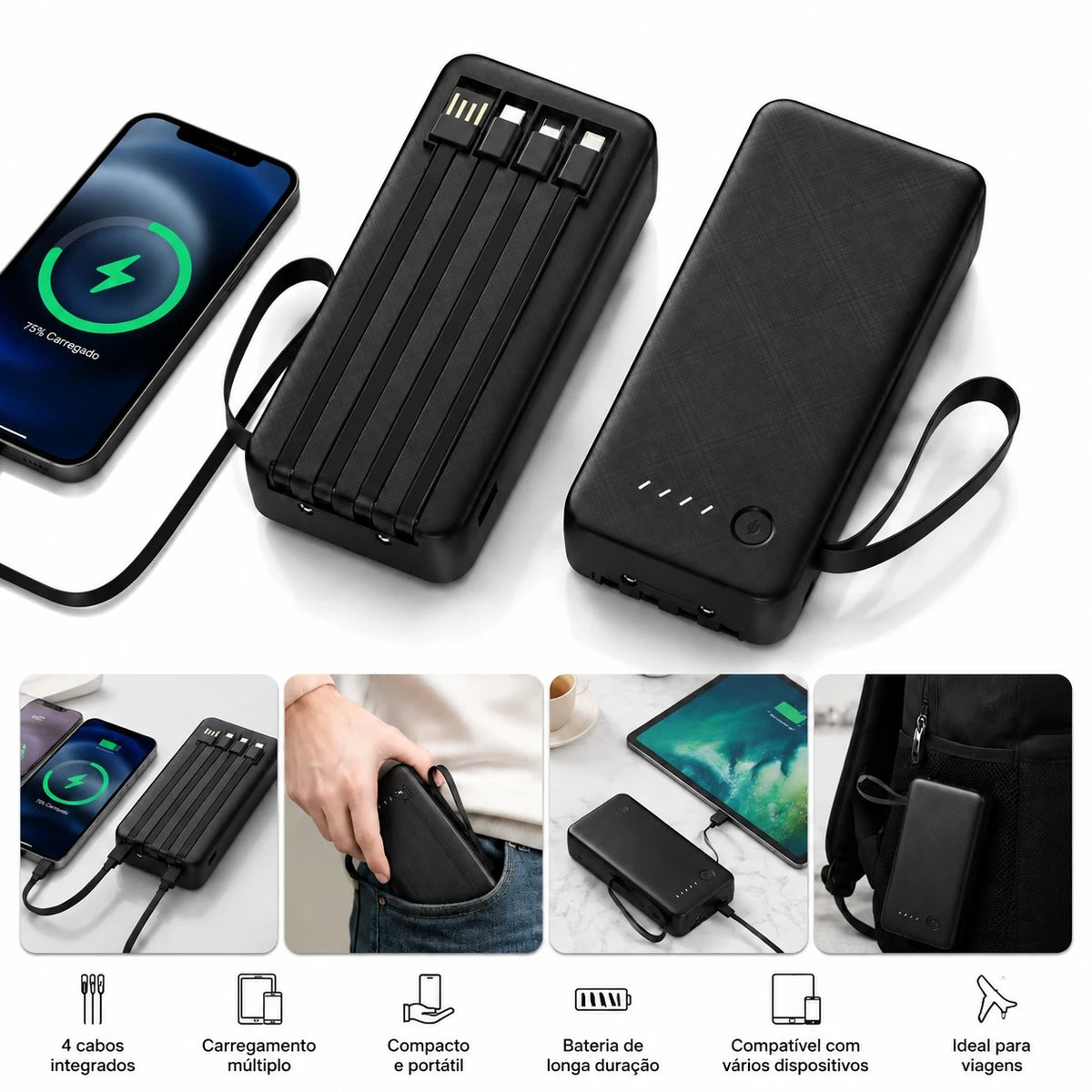 Power Bank 12000mAh/26000mAh Carregador Portátil com 4 Cabos USB para Smartphone e Viagem