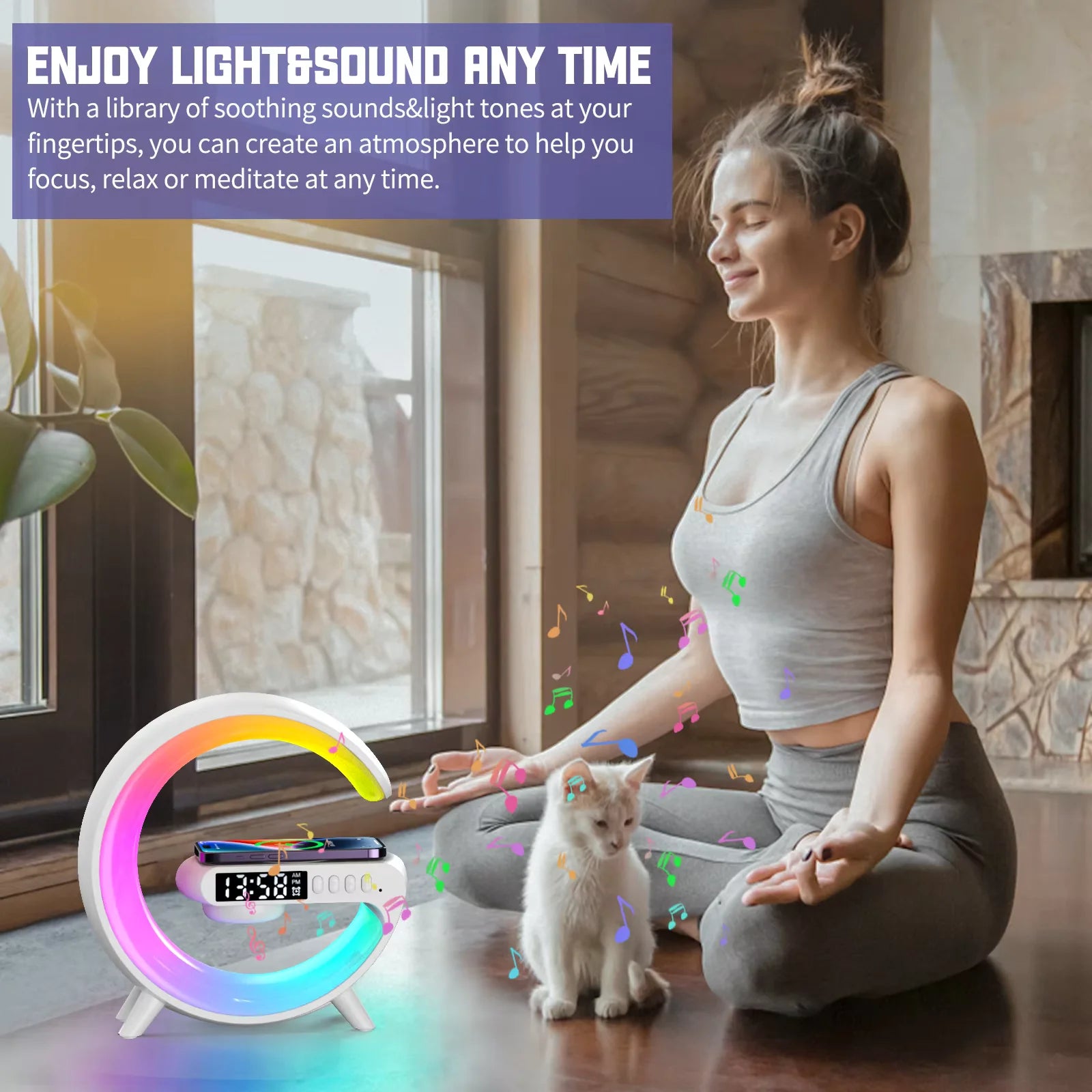 Carregador Sem Fio Multifuncional com Luz RGB e Despertador – Compatível com iPhone, Samsung e Xiaomi