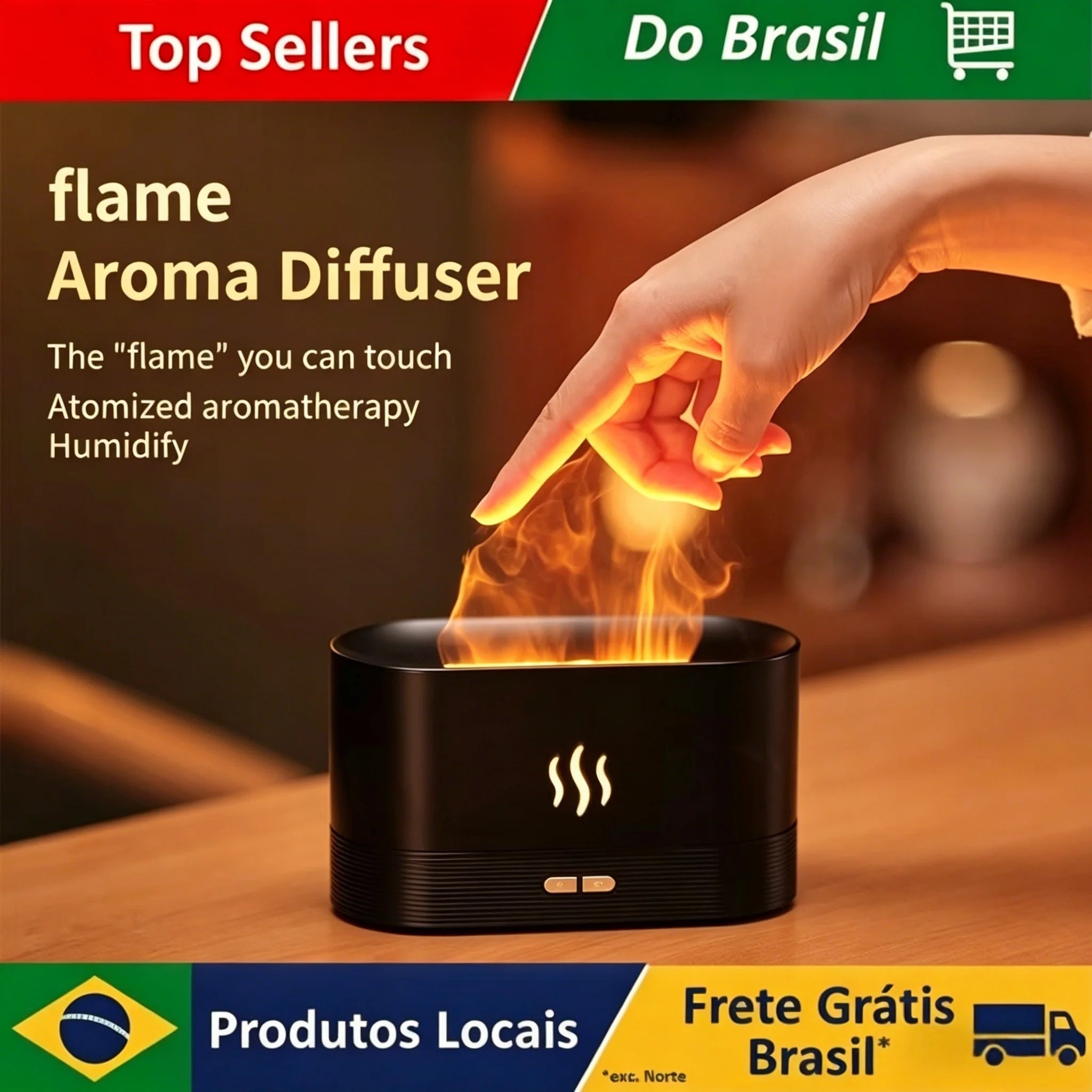 Difusor Umidificador USB com Efeito de Chama e Luz LED 7 Cores – Aromaterapia para Quarto