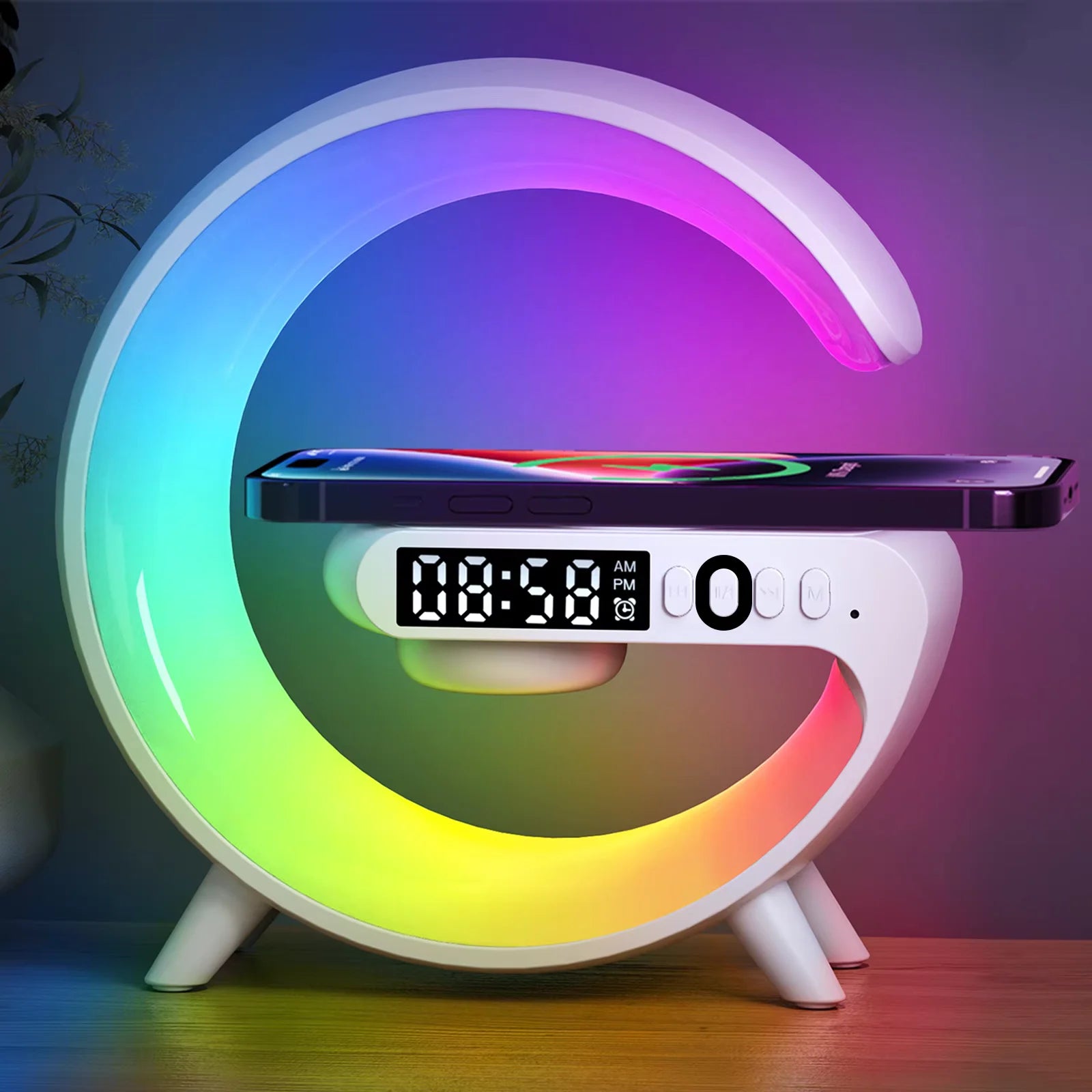 Carregador Sem Fio Multifuncional com Luz RGB e Despertador – Compatível com iPhone, Samsung e Xiaomi