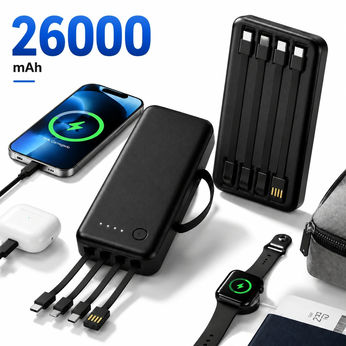 Power Bank 12000mAh/26000mAh Carregador Portátil com 4 Cabos USB para Smartphone e Viagem