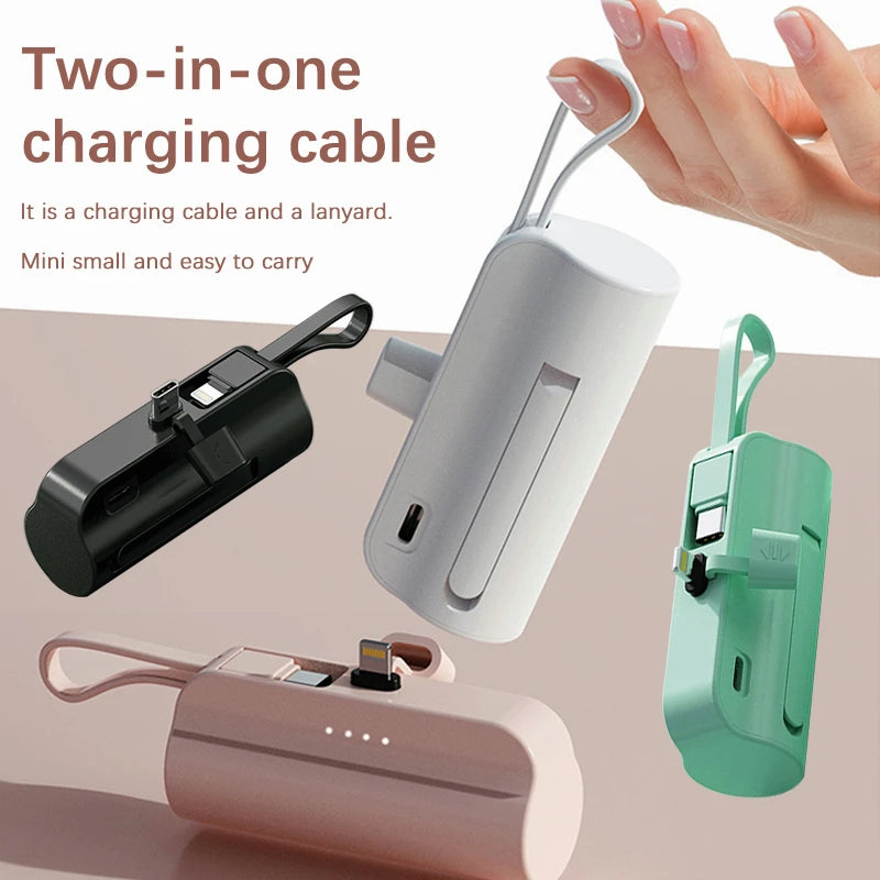 Mini Power Bank 10000mAh com Cabo Embutido e Carregamento Rápido