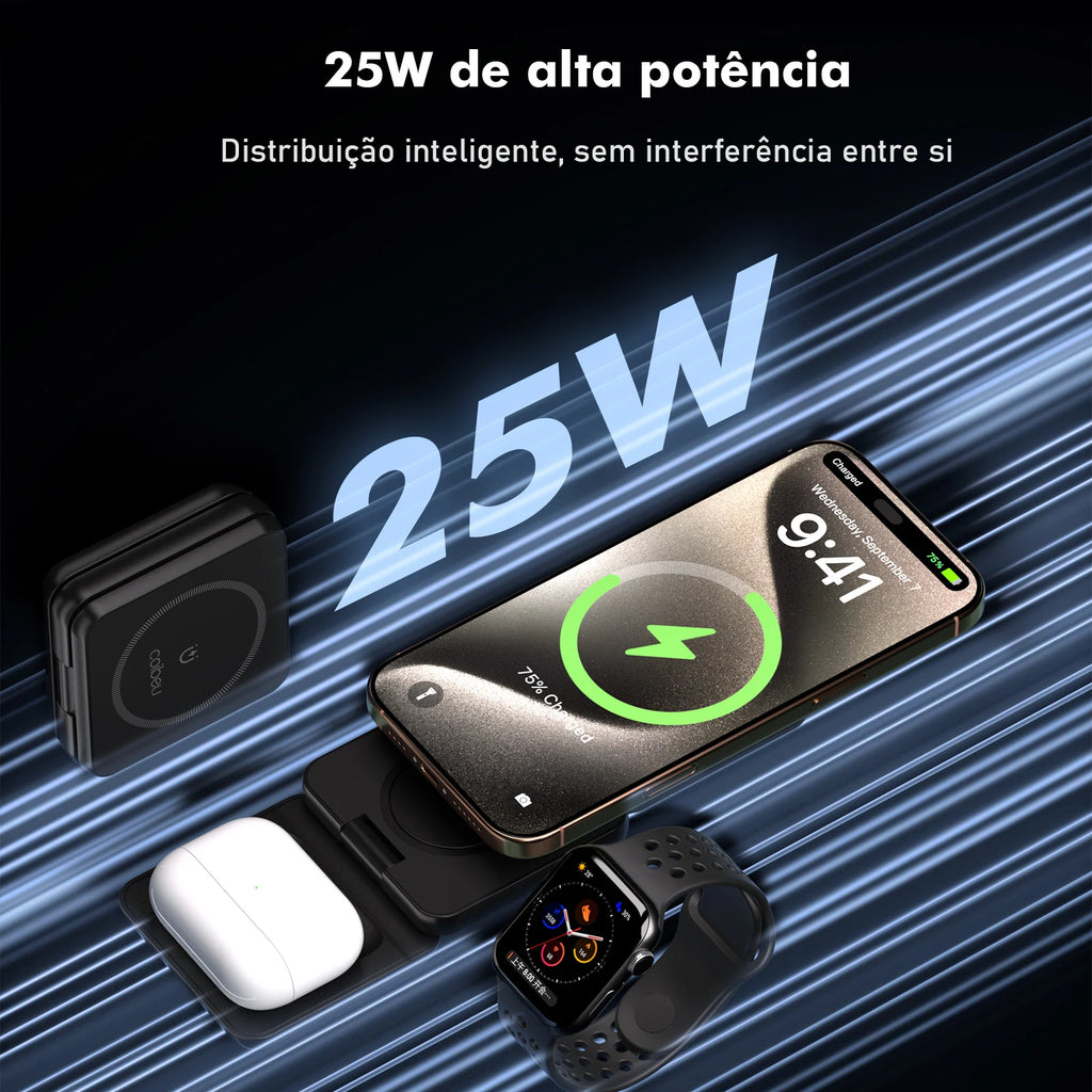 Carregador Sem Fio 3 em 1 25W Dobrável – iPhone, Watch e AirPods