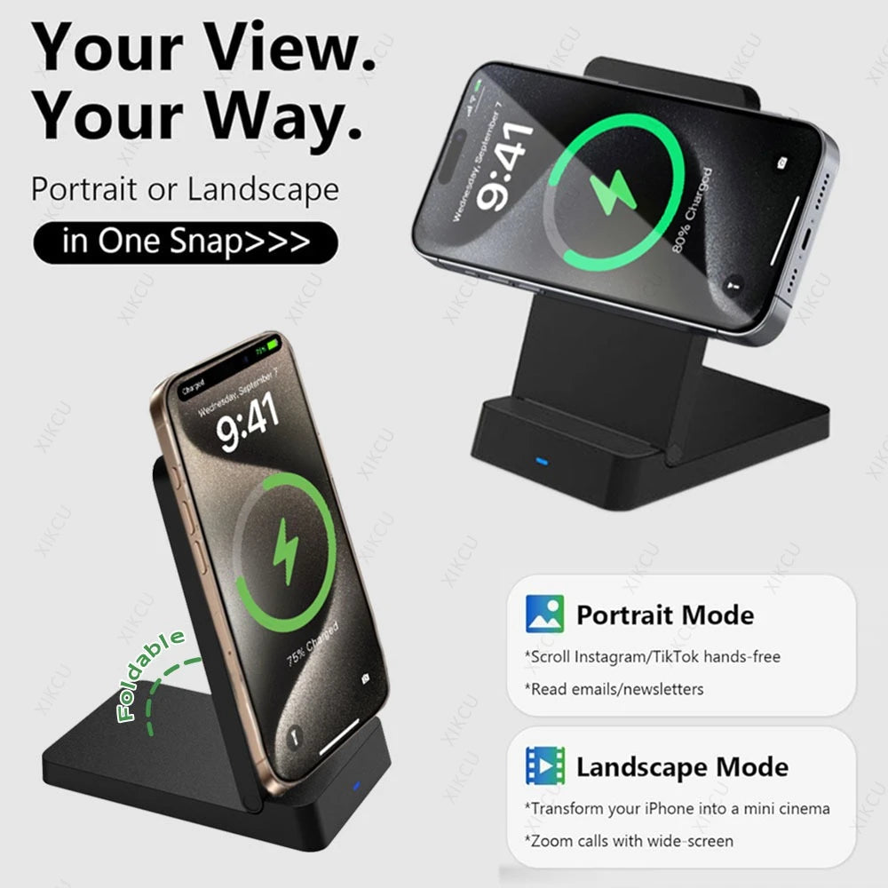 Carregador Sem Fio Magnético Dobrável 15W – Suporte de Mesa Compatível com MagSafe iPhone e Samsung