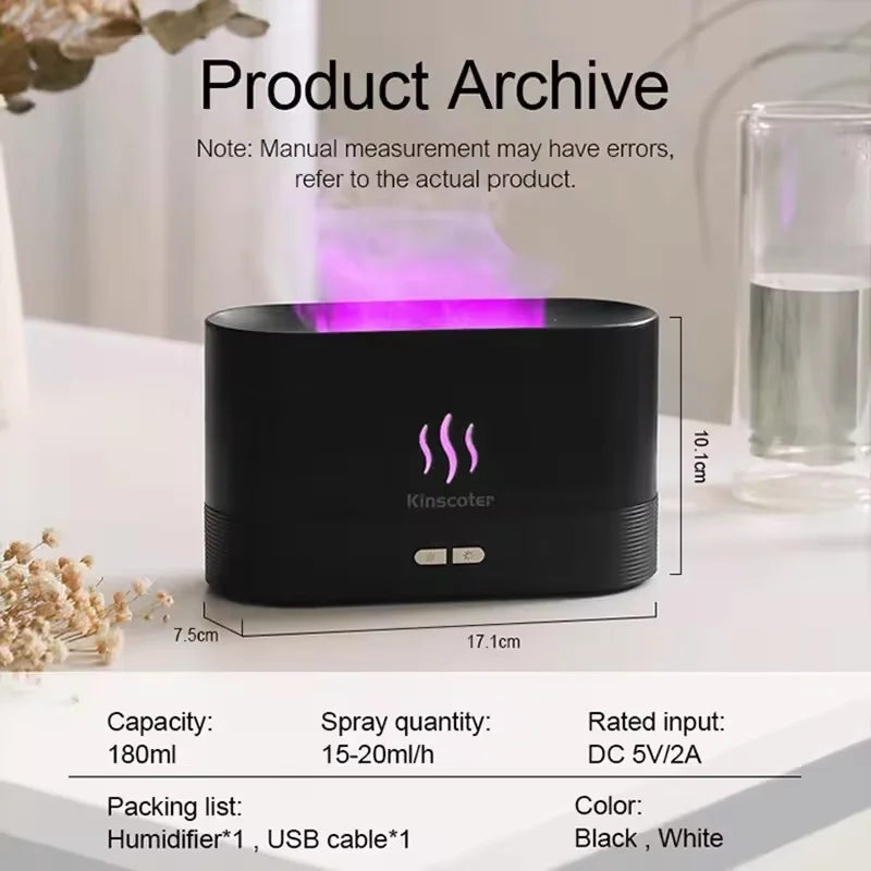 Difusor Umidificador USB com Efeito de Chama e Luz LED 7 Cores – Aromaterapia para Quarto