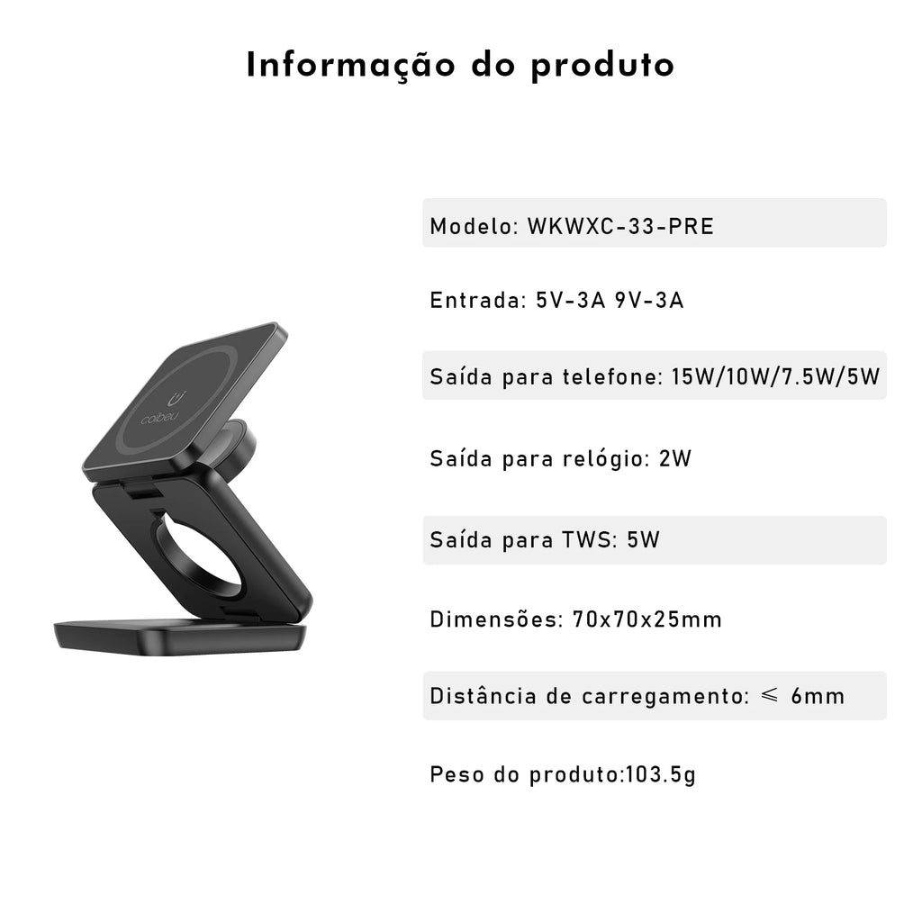 Carregador Sem Fio 3 em 1 25W Dobrável – iPhone, Watch e AirPods