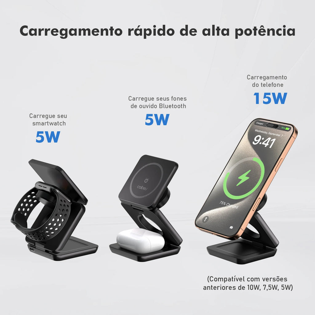 Carregador Sem Fio 3 em 1 25W Dobrável – iPhone, Watch e AirPods