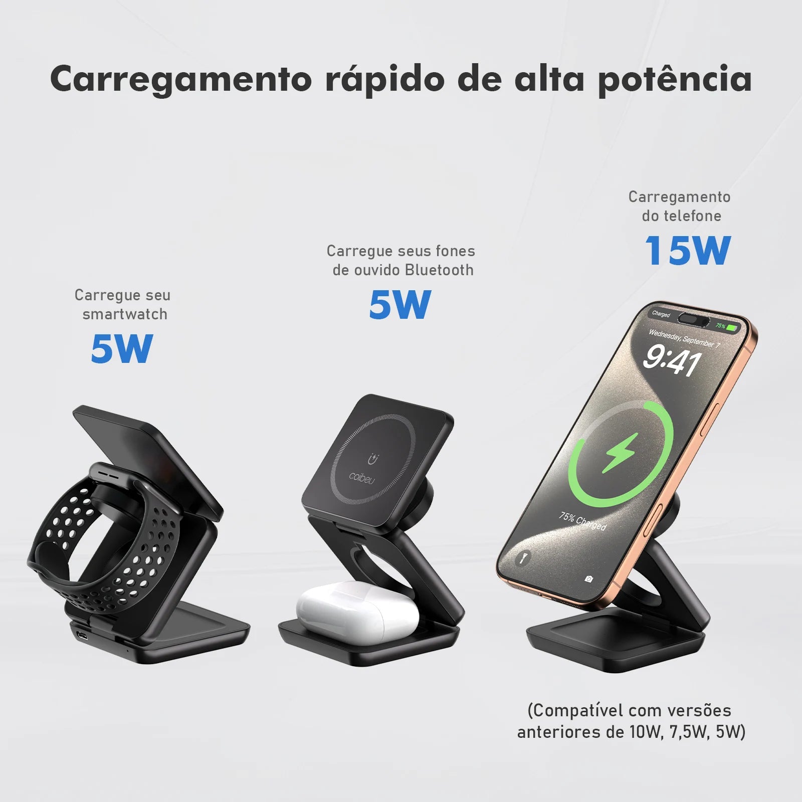 Carregador Sem Fio 3 em 1 25W Dobrável – iPhone, Watch e AirPods