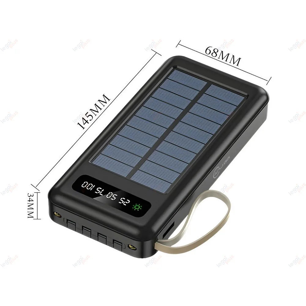 Power Bank Solar 20000mAh — 4 Cabos Embutidos + Lanterna LED