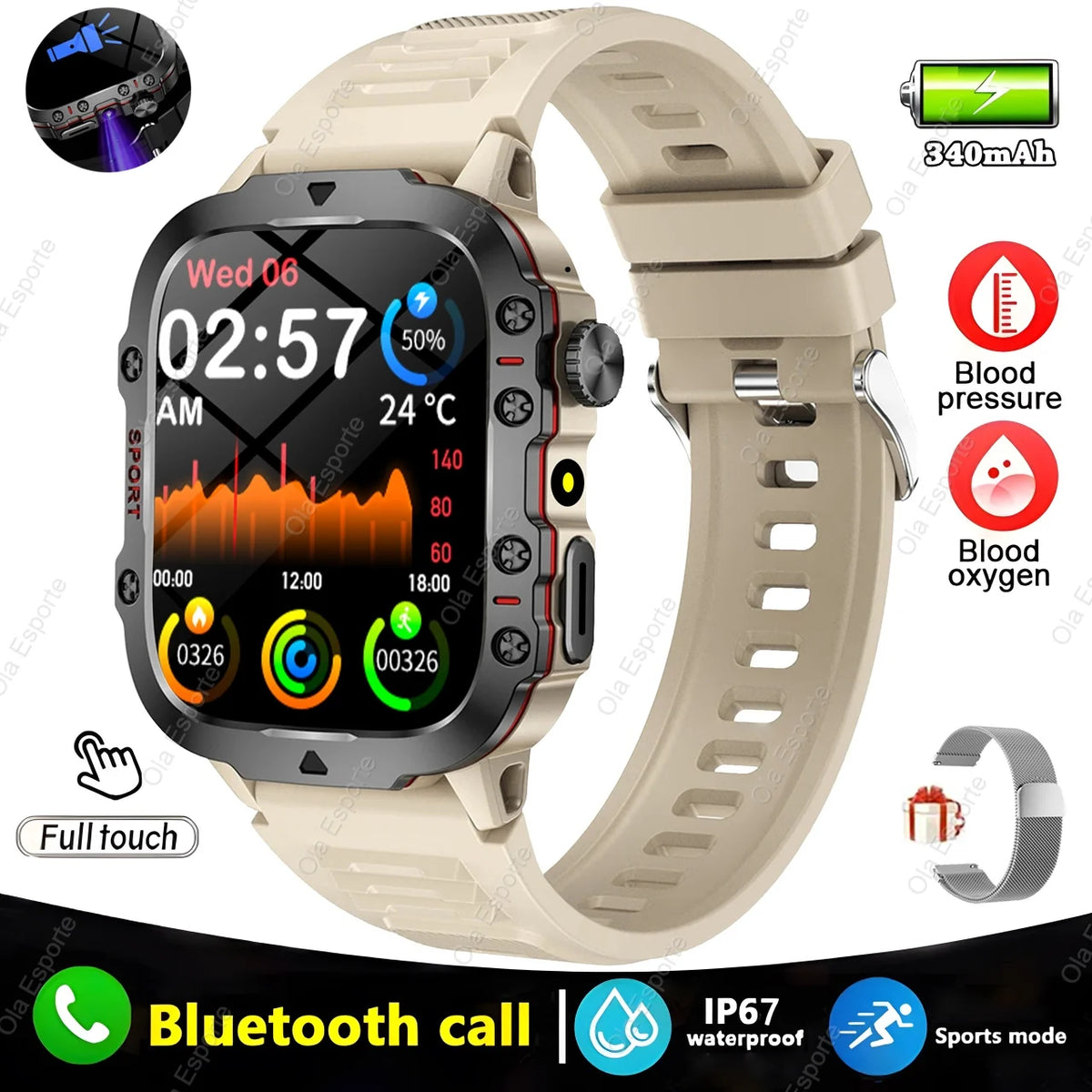 Relógio Smartwatch Militar Masculino à Prova d'Água IP68