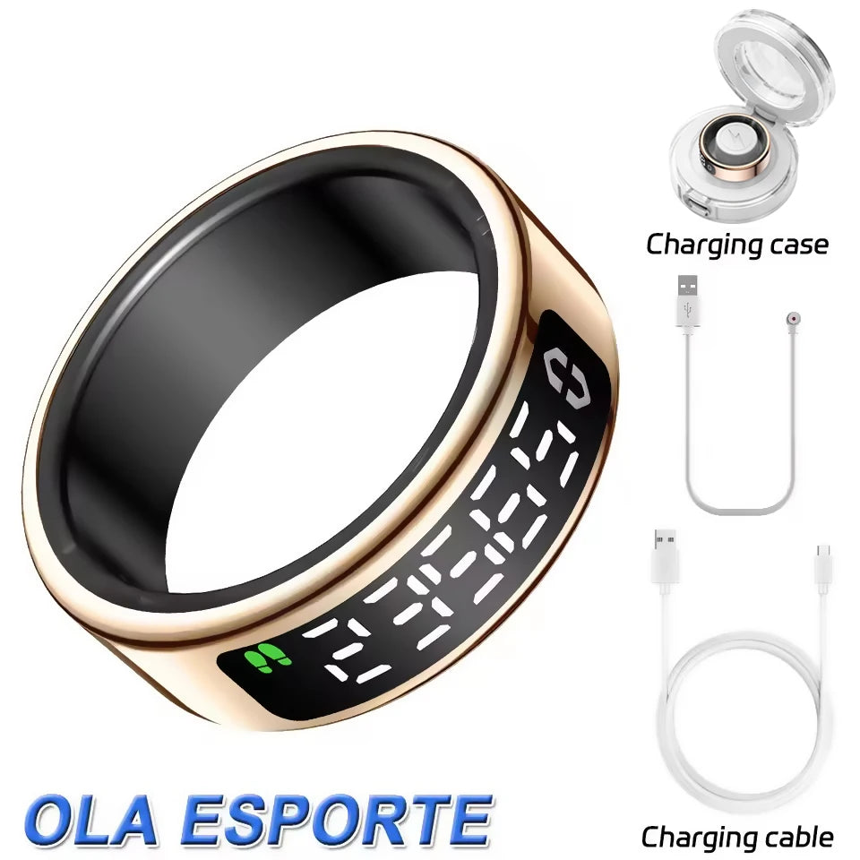 Anel Inteligente R13 com Tela LED – Controle por Gestos, Monitor de Frequência Cardíaca e Sono, À Prova d'Água 5ATM, Carregamento Sem Fio