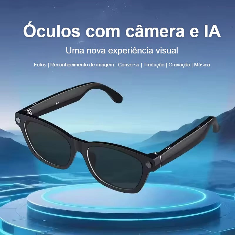Óculos com câmera e IA para fotos, reconhecimento de imagem, conversa, tradução, gravação e música