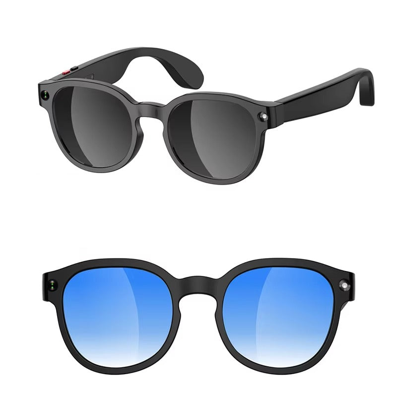Óculos inteligentes Lenovo F06 na cor preta com lentes escuras e lentes azuis intercambiáveis